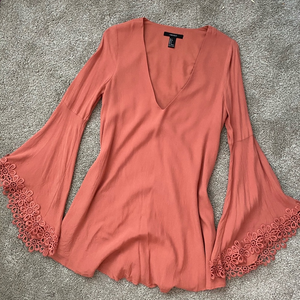 Sold ! Low V neck Bell sleeved coral top